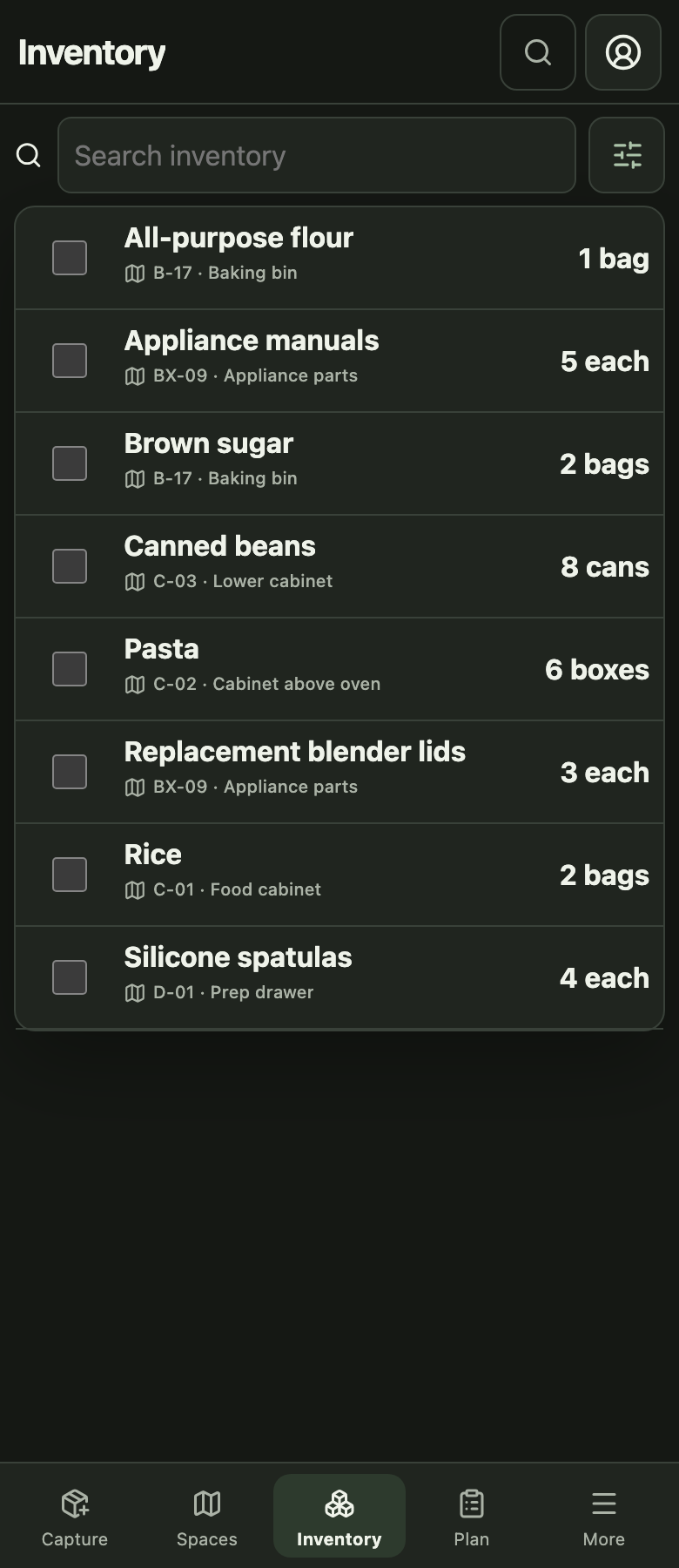 Inventory: search every space at once, not box by box.
