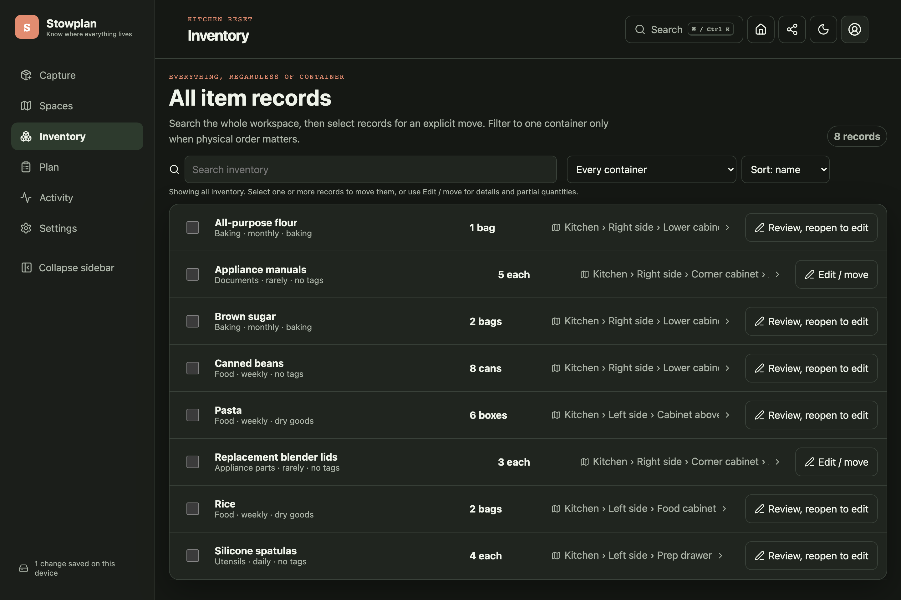 Inventory: search every space at once, not box by box.