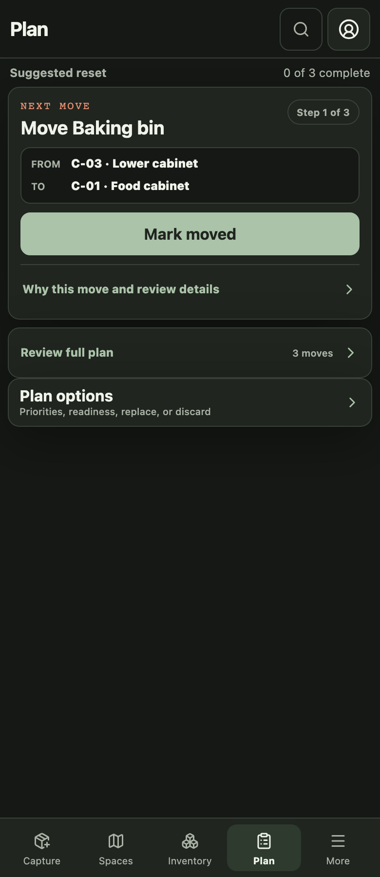Plan: weighted priorities and an explainable move plan.